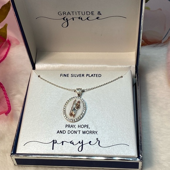 NWT GRATITUDE & GRACE SAINT PENDANT NECKLACE IN TWO TONE FINE SILVER /ROSE GOLD - Picture 4 of 8